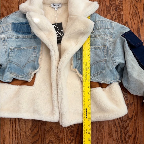 Bida Women’s Vegan Sherpa Patchwork Colorblock Faux Suede Denim Jacket Med NWT - Picture 7 of 9